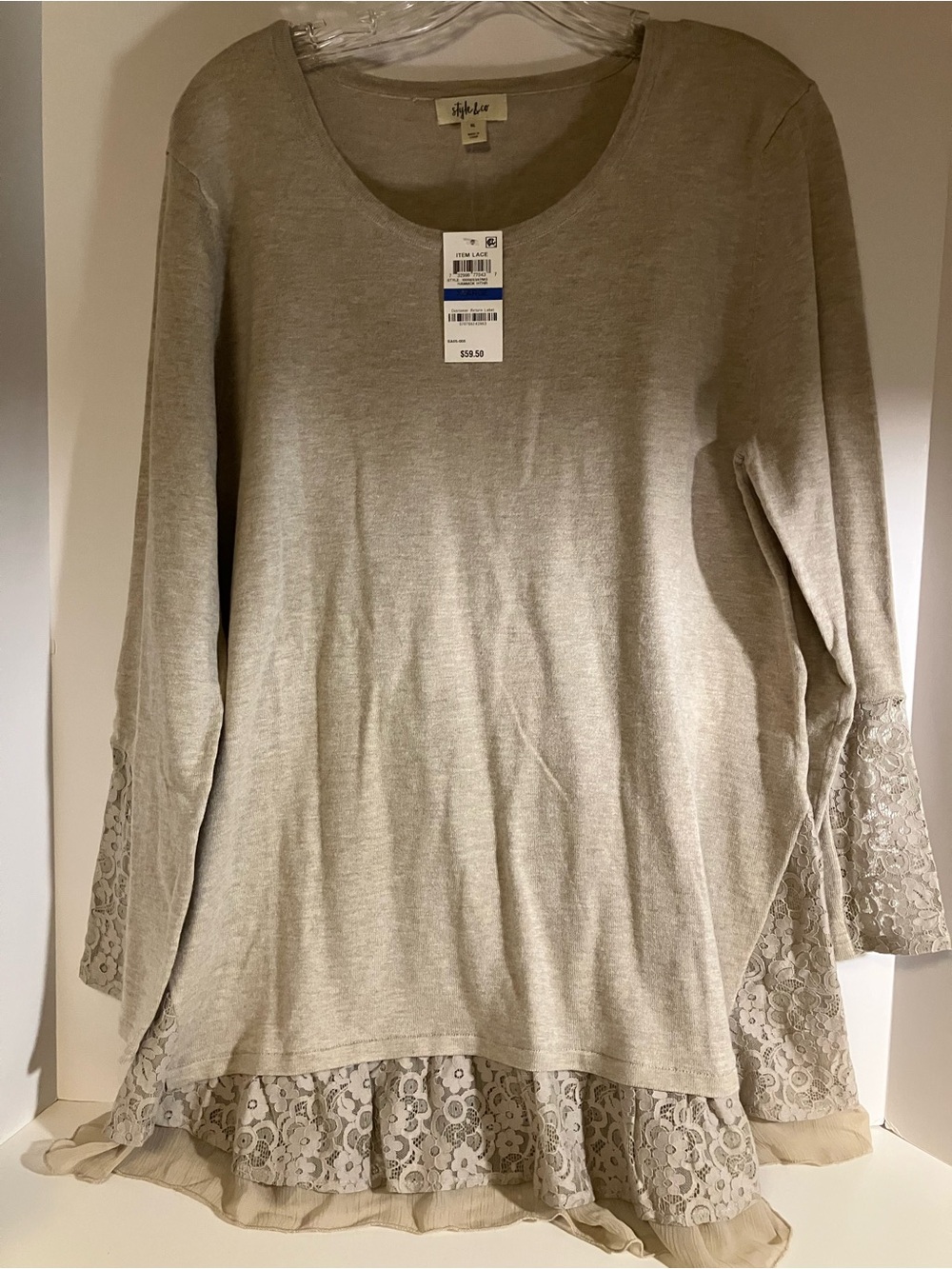 Style & Co. Taupe Lace-Trim Scoop Neck Tunic